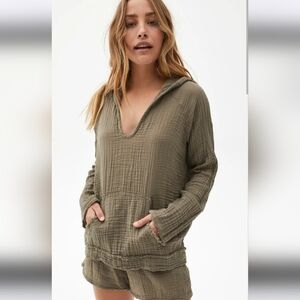 Michael Stars Arlo Cotton Gauze Hoodie Olive Medium